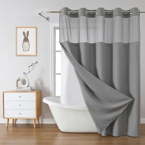 Grey Waffle Weave Shower Curtain Set with Snap-In Liner