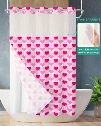 No-Hook Shower Curtain Set with Liner Valentine Pink Heart Design waterproof elegant