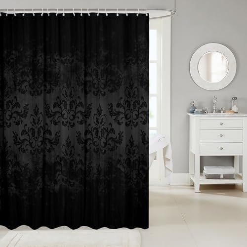 Feelyou Jacquard Bath Curtain Black Damask for Kids Boys Girls Teens Set