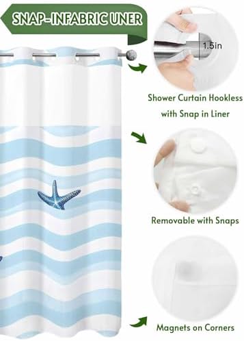 No Hooks Nautical Blue Shower Curtain Set