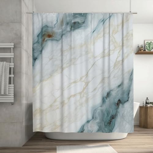 Green White Shower Curtain Boho Design Natural Marble Pattern