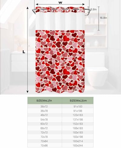 Luxury No Hook Shower Curtains - Red Pink Love Heart