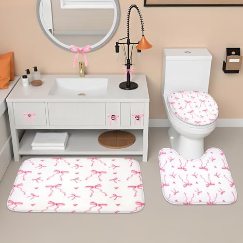 4Pcs Pink Bow Shower Curtain Set with 12 Hooks