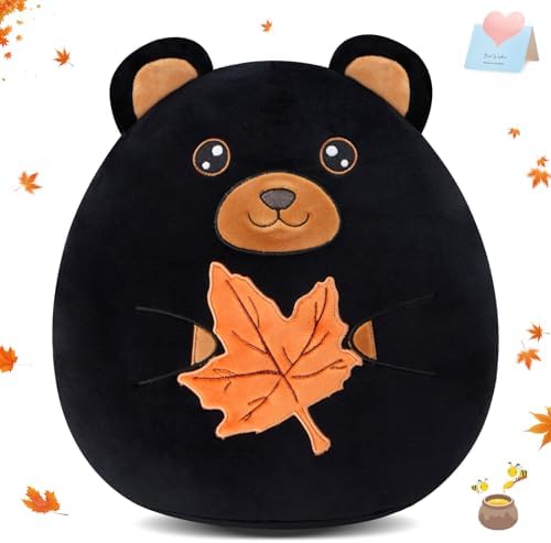 Wewill 12-Inch Black Bear Plush Pillow Cute Bear Holding Maple Leaf