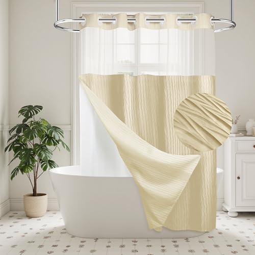 Crumpled Cream Shower Curtain with Snap-in Liner