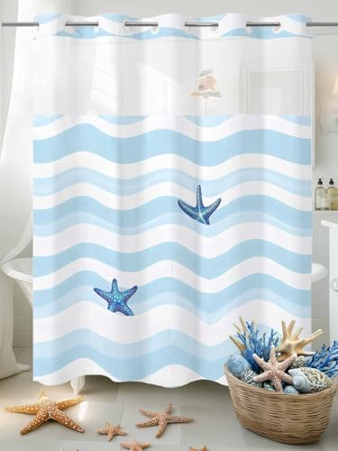 No Hooks Nautical Blue Shower Curtain Set