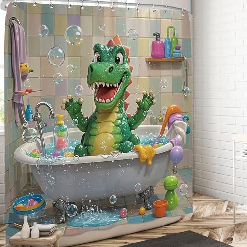 Funny Cartoon Dinosaur Shower Curtain Set for Kids