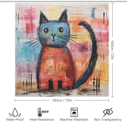 Cute Cat Shower Curtain Set Abstract Boho Design
