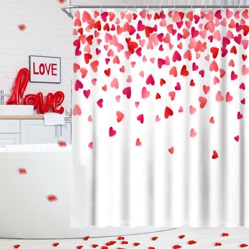 Stylish Valentines Day Shower Curtain with Falling Red Hearts for Your Bathroom