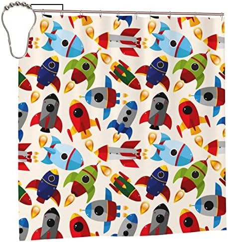 Alyyydff 72x72 Inch Cartoon Spaceship Shower Curtain with Hooks