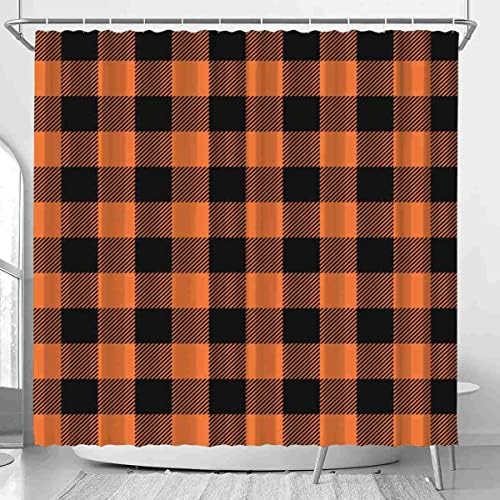 VISALUNA Shower Curtain Set 72x72in Orange Black Buffalo Plaid