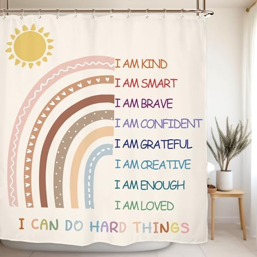 Miyotaa Rainbow Girls Bathroom Shower Curtain Set Pastel Inspirational Quotes