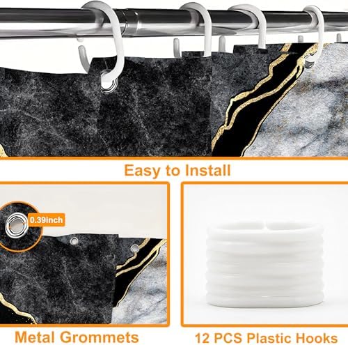 Black Gold Marble Shower Curtain Set with Hooks 72x72 Inch 1