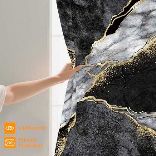 Black Gold Marble Shower Curtain Set with Hooks 72x72 Inch 1
