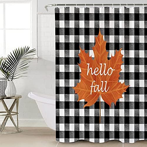 Autumn-themed waterproof shower curtain with 12 hooks for easy setup