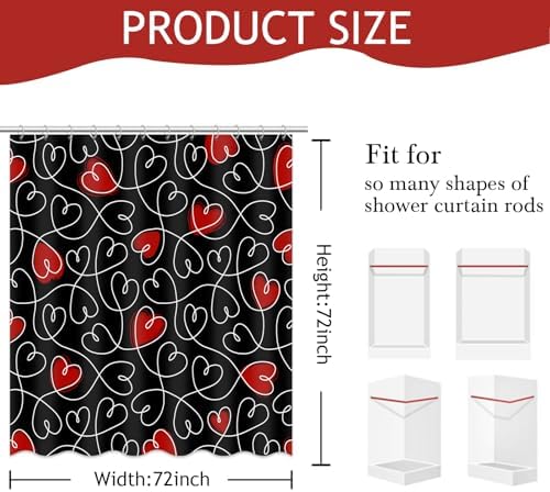 Valentines Day Gift - Black Heart Shower Curtain with 12 Hooks