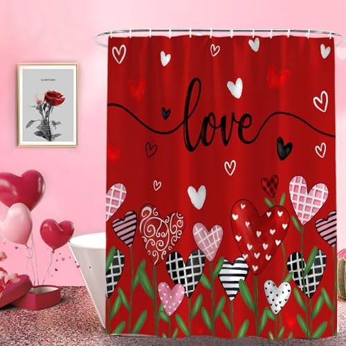 72x72 Red Flower Shower Curtain Set with 12 Hooks