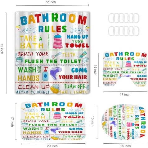 4PCS Kids Shower Curtain Set with Funny Rules and Non-Slip Mats