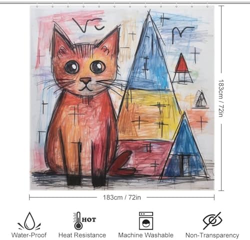 Cute Cat Shower Curtain Crayon Drawing Boho Set for Kids 72x72in