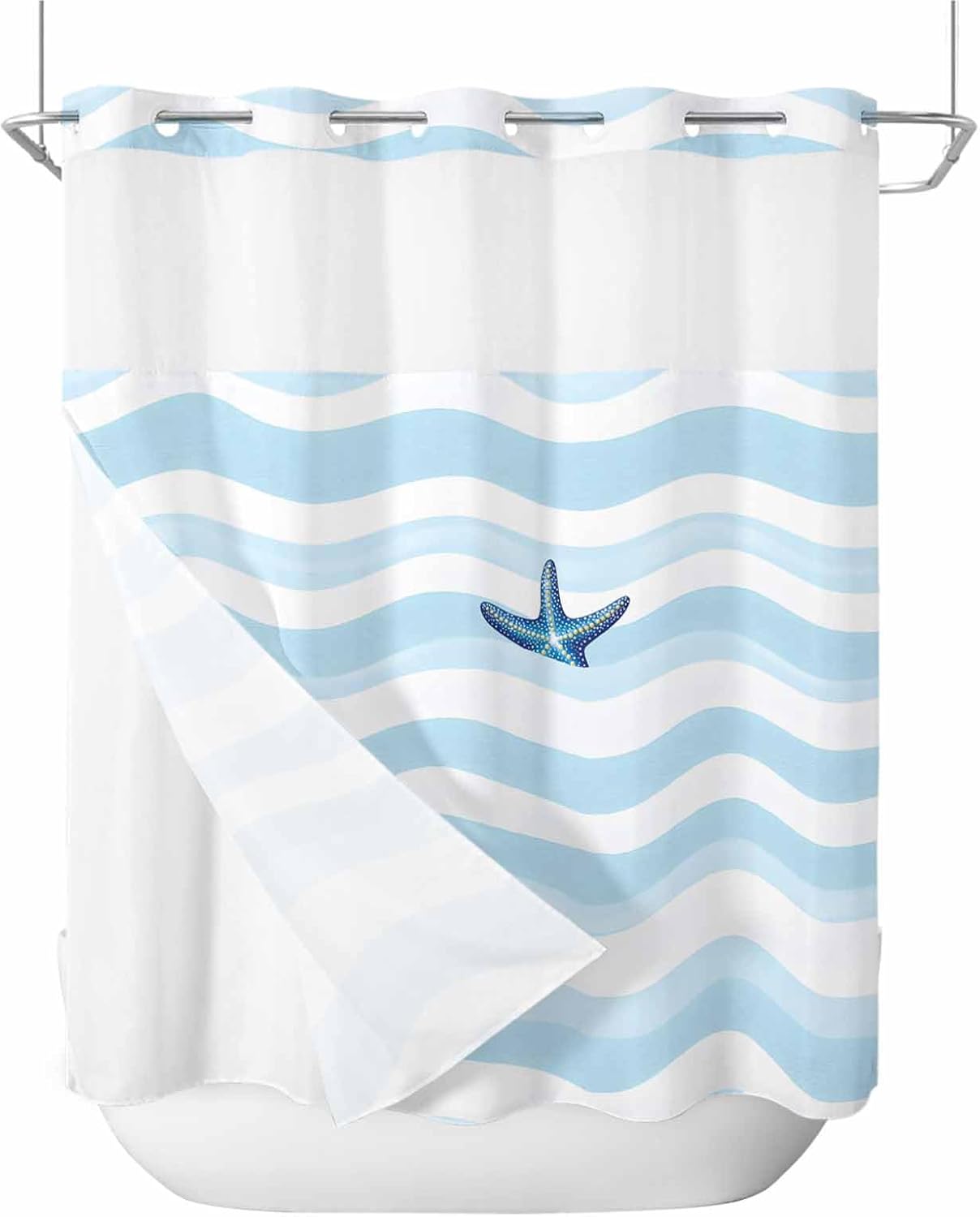 No Hooks Nautical Blue Shower Curtain Set