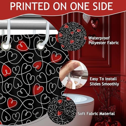 Valentines Day Gift - Black Heart Shower Curtain with 12 Hooks