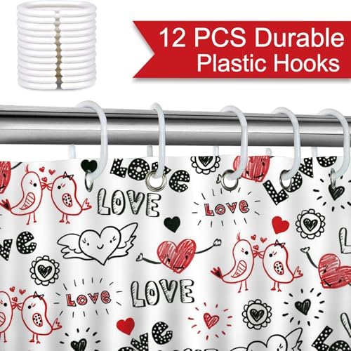 Mocsicka Valentines Shower Curtain Doodle Style Heart and Kiss Birds