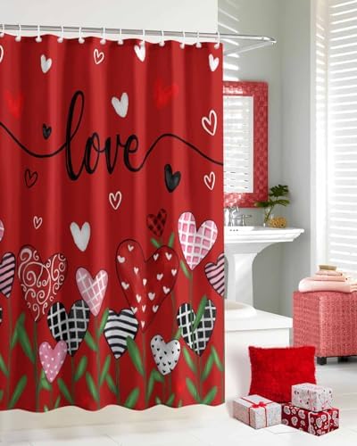 72x72 Red Flower Shower Curtain Set with 12 Hooks