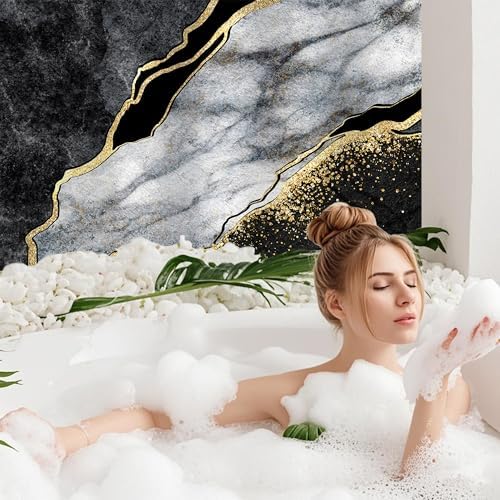 Black Gold Marble Shower Curtain Set with Hooks 72x72 Inch 1