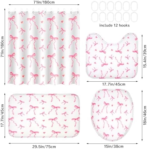 4Pcs Pink Bow Shower Curtain Set with 12 Hooks