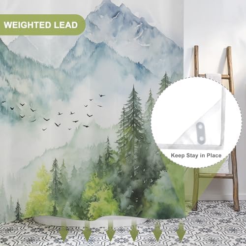 AWERT Misty Forest No Hook Shower Curtain with Liner