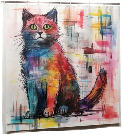 Cute Cat Shower Curtain with 12 Hooks 72x72in