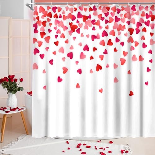 Stylish Valentines Day Shower Curtain with Falling Red Hearts for Your Bathroom