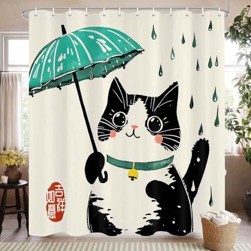 Funny Cat Shower Curtain Japanese Art for Kids Soft Durable