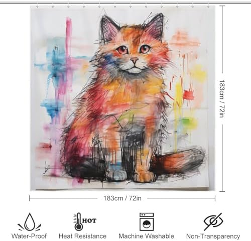 Cute Cat Shower Curtain Set with 12 Hooks 72x72in