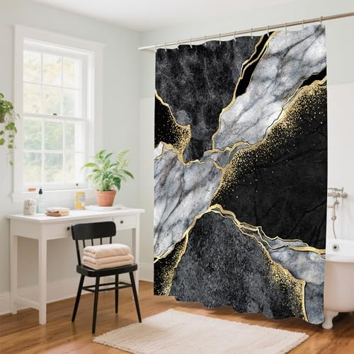 Black Gold Marble Shower Curtain Set with Hooks 72x72 Inch 1