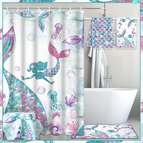 Nuanchu 6 Piece Mermaid Bathroom Set with Mat and Towels