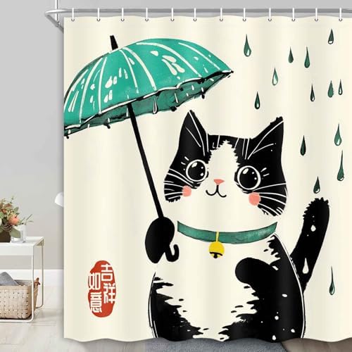 Funny Cat Shower Curtain Japanese Art for Kids Soft Durable