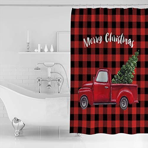 Stunning Christmas Shower Curtain Modern Red Lattice with Heart Tree Waterproof 60x72-Inch