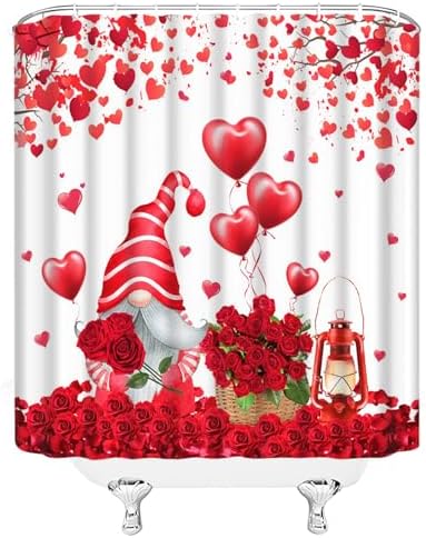 Valentines Day Gnome Shower Curtain Red Pink Roses