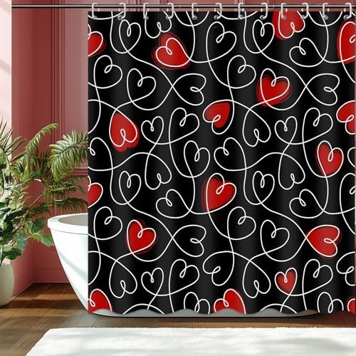 Valentines Day Gift - Black Heart Shower Curtain with 12 Hooks
