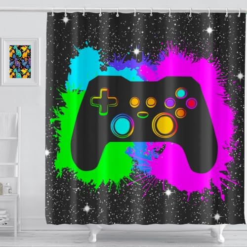 Boys Gaming Shower Curtain Set Graffiti Gamepad Themed - 12 HooksEasy Install