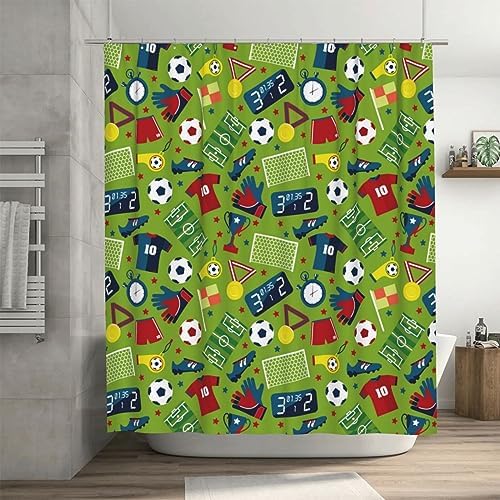 72x72 Inches Soccer Ball Green Shower Curtain with Hooks