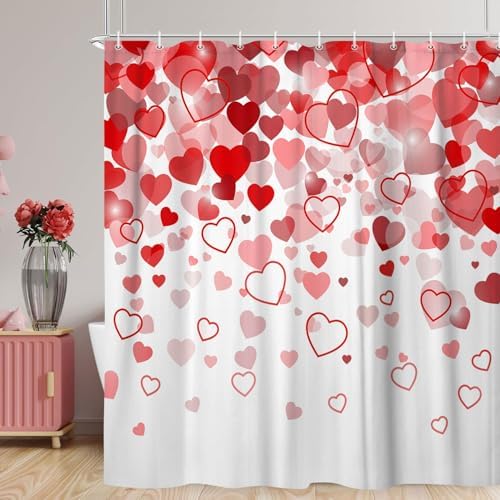 JAWO Valentines Red Heart Shower Curtain Set