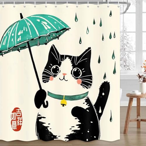 Funny Cat Shower Curtain Japanese Art for Kids Soft Durable