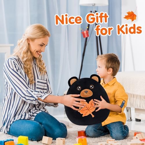 Wewill 12-Inch Black Bear Plush Pillow Cute Bear Holding Maple Leaf