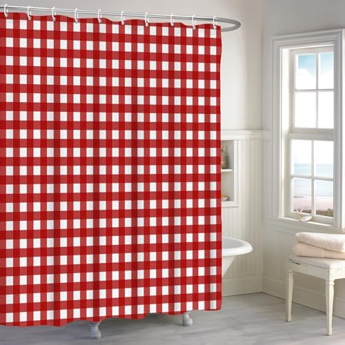 Renaiss 60x72 Inch Red Plaid Geometric Check Shower Curtain