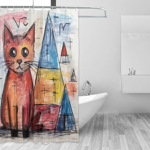 Cute Cat Shower Curtain Crayon Drawing Boho Set for Kids 72x72in