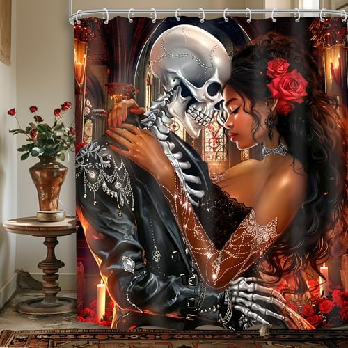 Valentines Day African American Goth Skeletonshower Curtain for Women Romantic Black