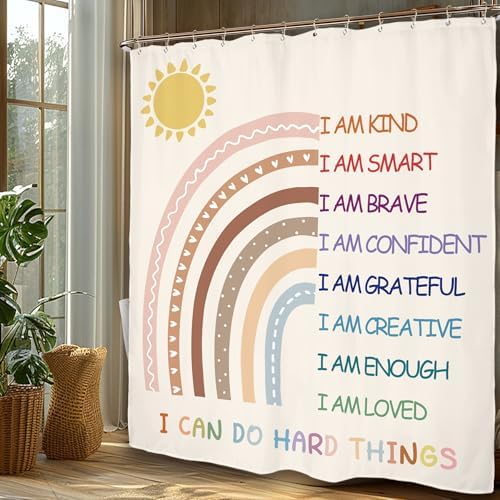 Miyotaa Rainbow Girls Bathroom Shower Curtain Set Pastel Inspirational Quotes