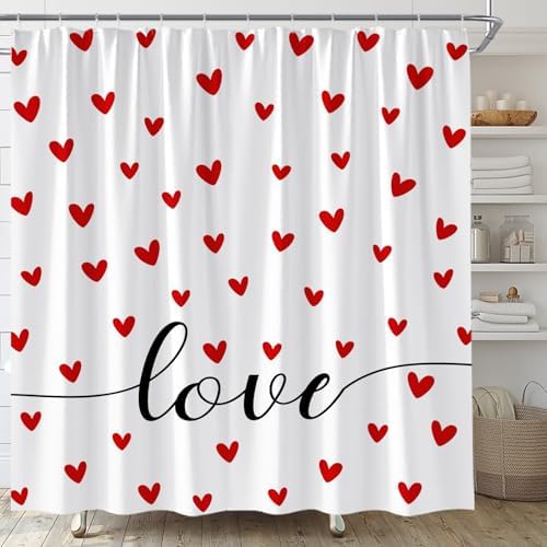 Red Heart Valentines Day Shower Curtain Set with Hooks 70 x 70